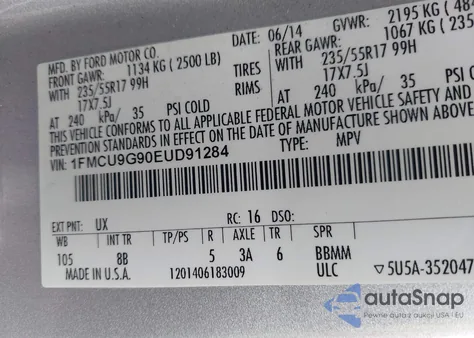 2014 Ford Escape Se z USA, uszkodzony, nr VIN 1FMCU9G90EUD91284